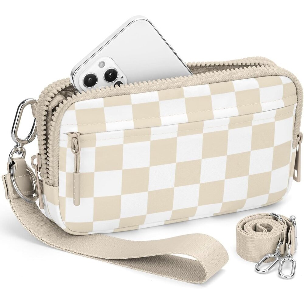 Women’s beige checkered nylon wristlet wallet small crossbody travel pouch
